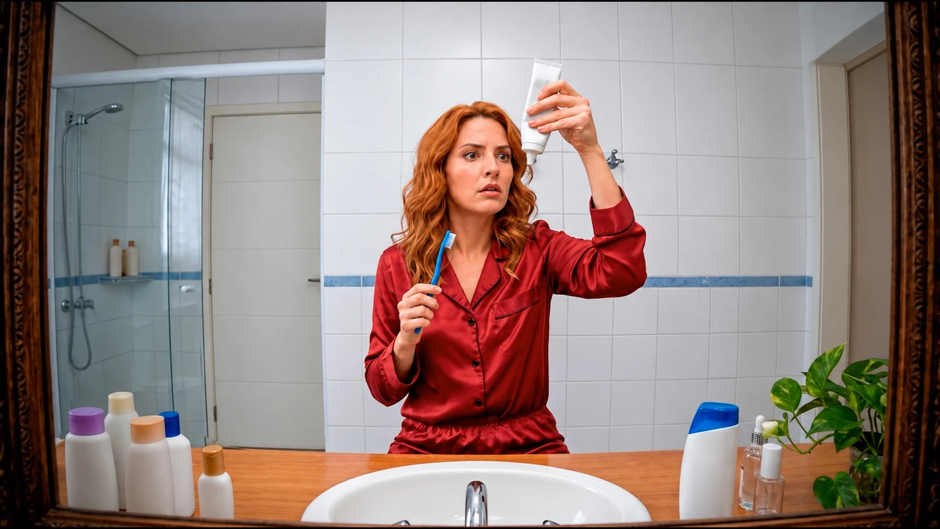 Mulher de pijama vermelho segurando uma embalagem de higiene vazia.