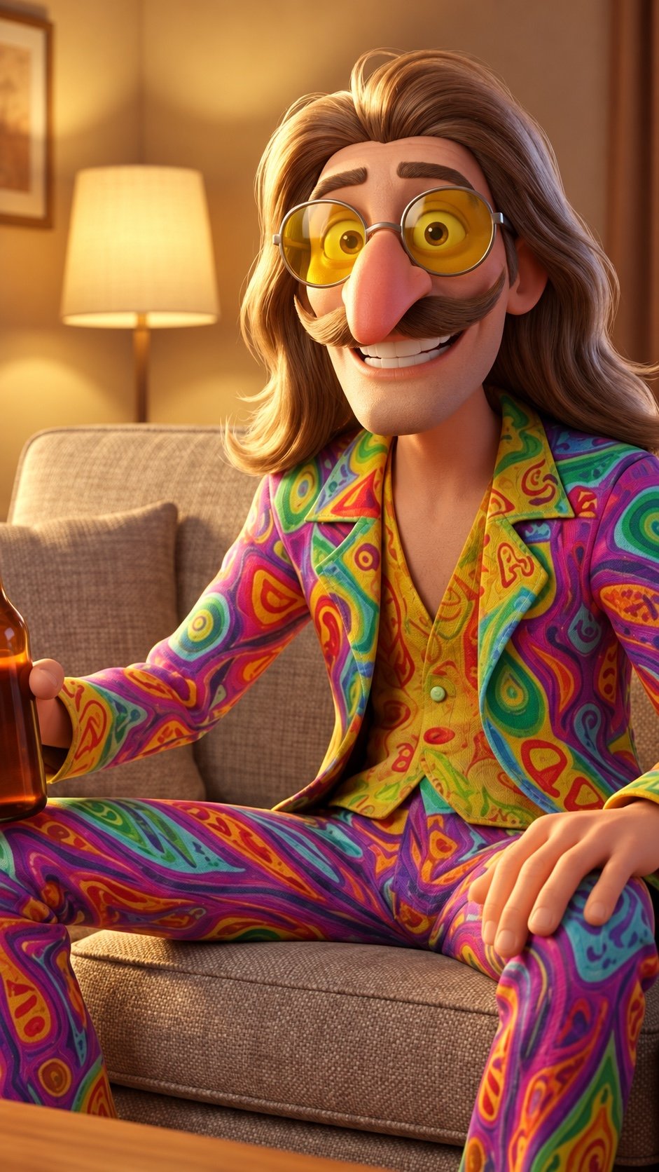 Personagem estilizado de cabelos longos, óculos amarelos e roupa colorida.